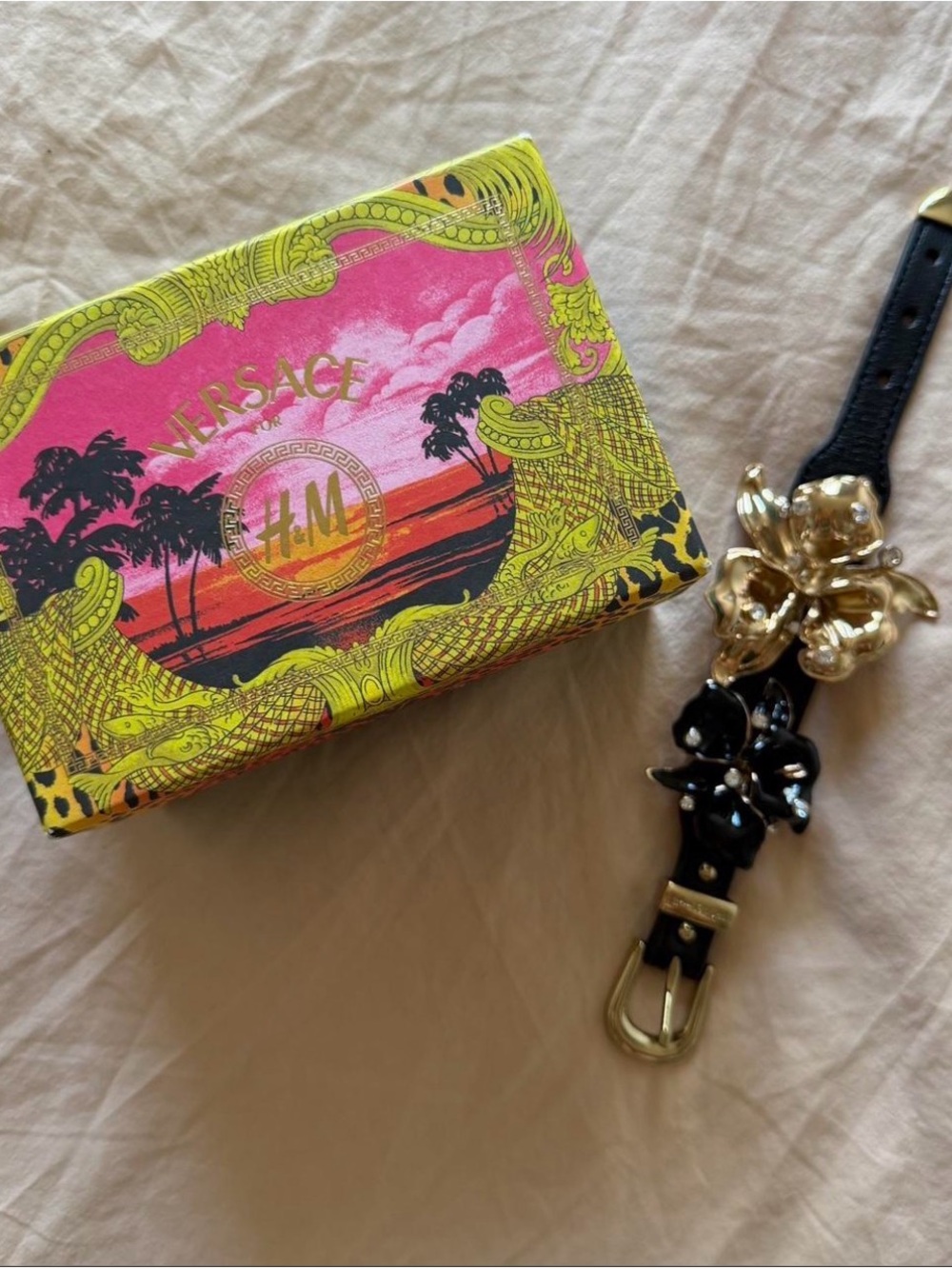 Versace for H&M Black Leather Bracelet with Gold Floral Accents